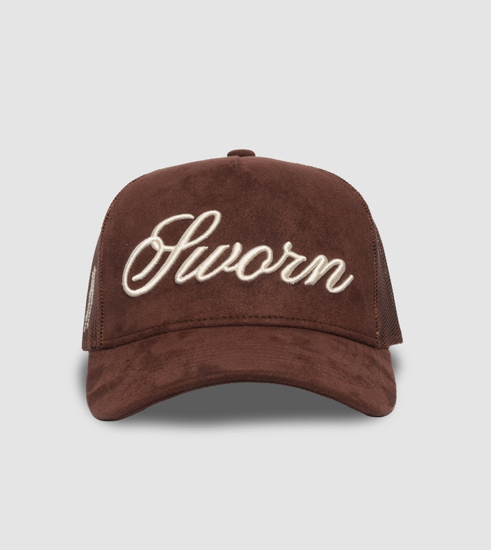 Script Suede Trucker Snapback // Chocolate